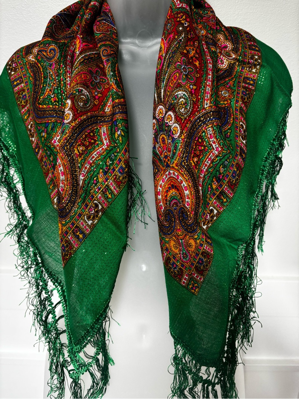 Green Fringed Shawl – Ukrainian Folk Floral Scarf, Boho Style -Virgin Wool